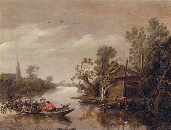 Figures In A Ferry Boat Crossing A River Oil Painting by Claude De Jongh