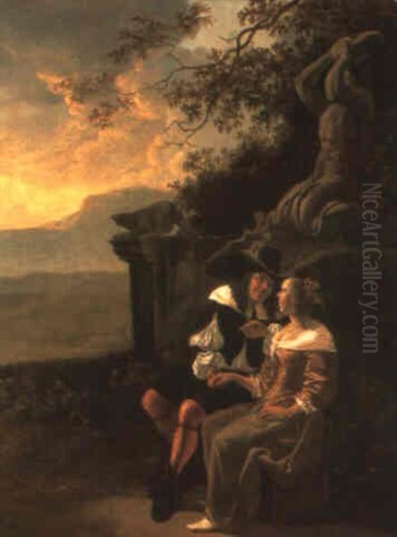 A Romantic Couple Seated In A Landscape Oil Painting by Ludolf de Jongh