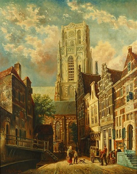 Stadsgezicht Met Kerk Oil Painting by Oene Romkes De Jongh