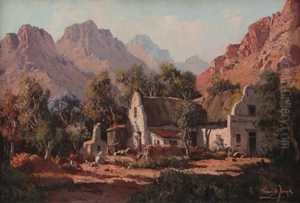 Cape Dutch Home In A Mountainous Setting Oil Painting by Tinus de Jongh
