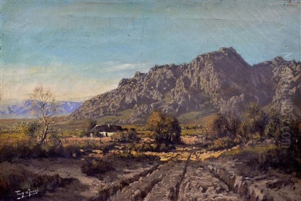 South African Landscape With Homestead Oil Painting by Tinus de Jongh