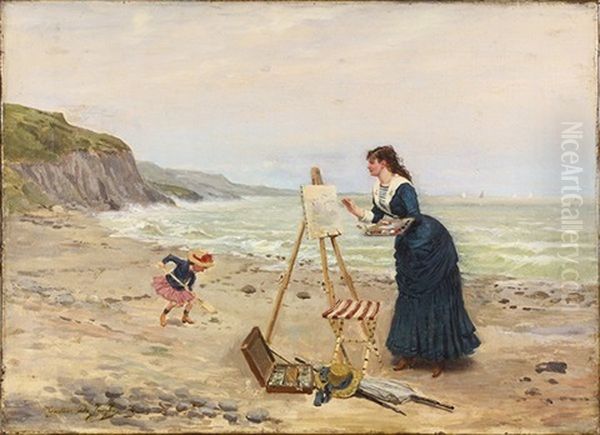 Beach Scene With Woman Painting At An Easel While A Child Is Playing Oil Painting by Gustave Leonhard de Jonghe