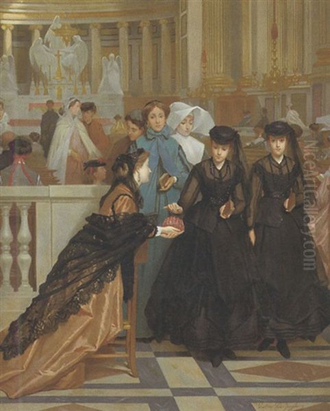Elegantes A La Sortie De La Messe Oil Painting by Gustave Leonhard de Jonghe