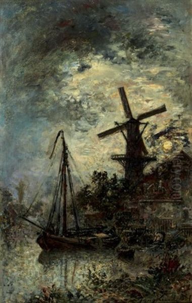 Monlin Et Bateau Au Clair De Lune Oil Painting by Johan Barthold Jongkind