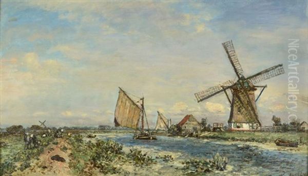 La Meuse Aux Environs De Rotterdam, Printemps Oil Painting by Johan Barthold Jongkind