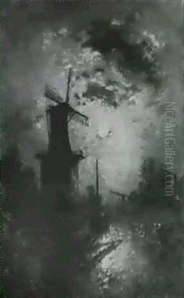 Holland: Moulin Sur Le Canal Au Clair De Lune Oil Painting by Johan Barthold Jongkind
