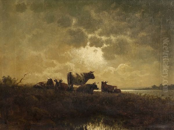 Cattle In A Luminescent Landscape Oil Painting by Carl Henrik Jonnevold