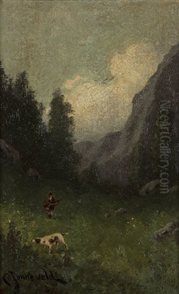 Hunter With Dog In A Landscape Oil Painting by Carl Henrik Jonnevold