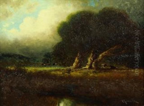 Cattle Grazing Among The Oaks Oil Painting by Carl Henrik Jonnevold
