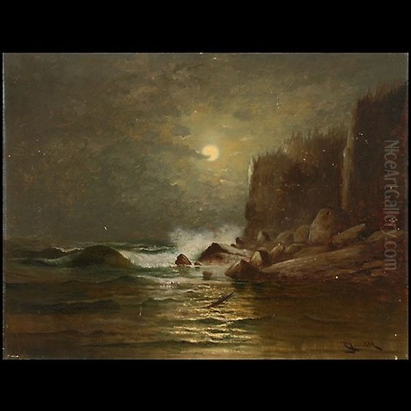Full Moon On Rocky Coastline Oil Painting by Carl Henrik Jonnevold