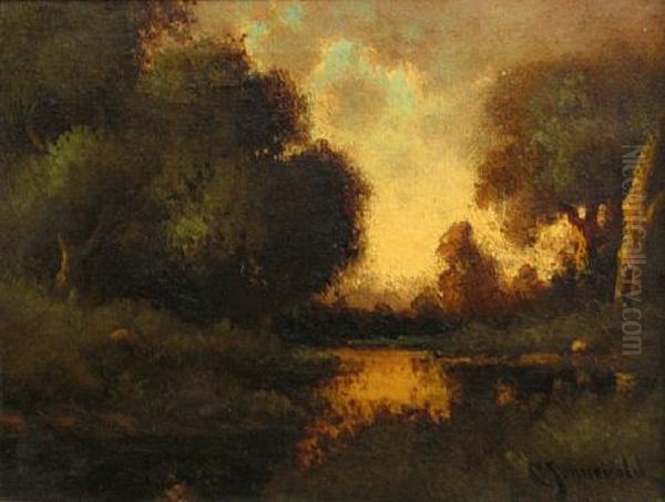 Landscape With Sunlight Reflected In Water Oil Painting by Carl Henrik Jonnevold