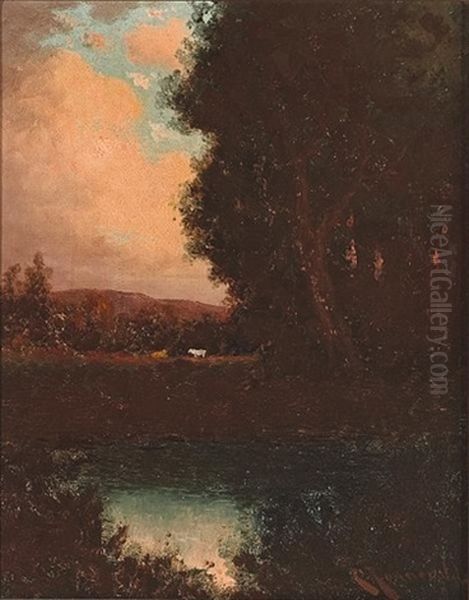 Sunset Pond With Cattle Resting Beyond Oil Painting by Carl Henrik Jonnevold