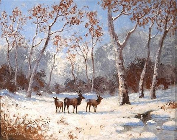 Deer Roaming In The Winter Snow Oil Painting by Carl Henrik Jonnevold