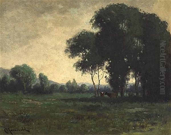 Cattle Grazing In An Evening Landscape Oil Painting by Carl Henrik Jonnevold