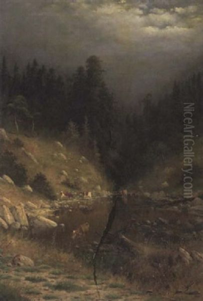 Cows Watering In A Mountain Landscape Oil Painting by Carl Henrik Jonnevold