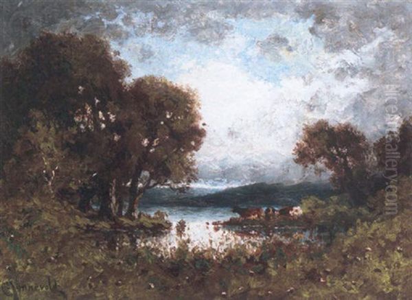 Cows Watering On A Cloudy Day Oil Painting by Carl Henrik Jonnevold