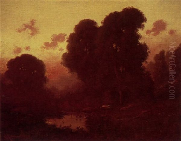 Cattle By A Stream At Sunset Oil Painting by Carl Henrik Jonnevold