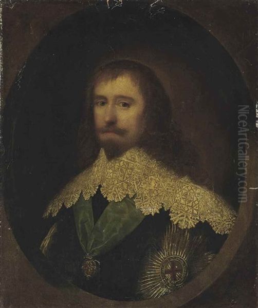 Portrait Of A Gentleman, Possibly Philip Herbert, 1st Earl Of Montgomery And 4th Earl Of Pembroke (1584-1650), Bust-length, With A Lace Collar And Wearing The Badge And Star Of The Order Of The Garter, In A Feigned Oval Oil Painting by Cornelis Jonson Van Ceulen