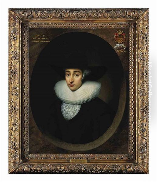 Portrait Of Maria Thielen In A Black Dress And Beaver Hat, A Ruff, Lace Cap And An Embroidered Partlet Oil Painting by Cornelis Jonson Van Ceulen