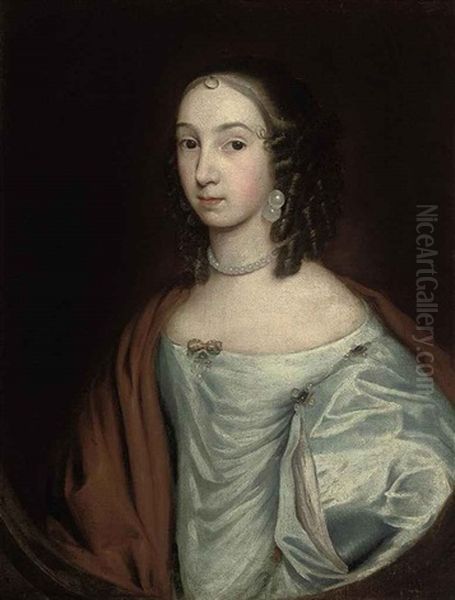 Portrait Of A Lady In A Blue Dress With A Red Wrap And Pearls Oil Painting by Cornelis Jonson Van Ceulen