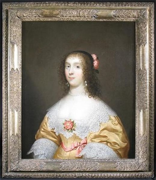 Portrait Of A Lady Wearing A Yellow Dress With Fine Lace Collar And Sleeves And A Rose On Her Bosom Oil Painting by Cornelis Jonson Van Ceulen