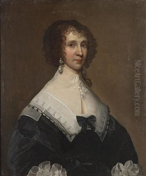Portrait Of A Lady (miss Sumaretz?), Half-length, With A White Lace Collar And Pearl Earrings Oil Painting by Cornelis Jonson Van Ceulen