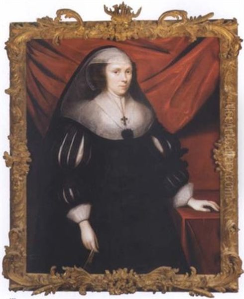 Portrait Of Magdalene Digby Wearing A Black Dress With Black And White Sleeves And Holding A Fan Oil Painting by Cornelis Jonson Van Ceulen