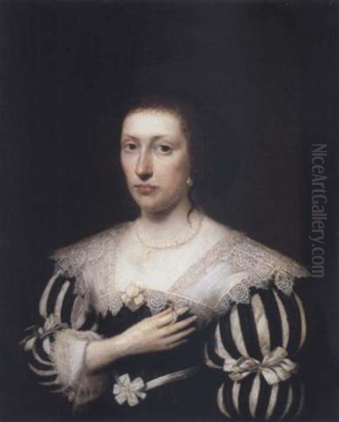 Portrait Of A Lady Wearing A Slashed Black And White Dress With Lace Collar And Cuffs Oil Painting by Cornelis Jonson Van Ceulen