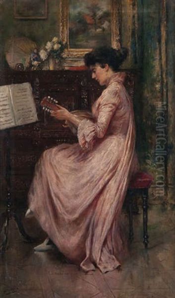 Interieur Anime D'une Femme A La Mandoline Oil Painting by Eugene Joors