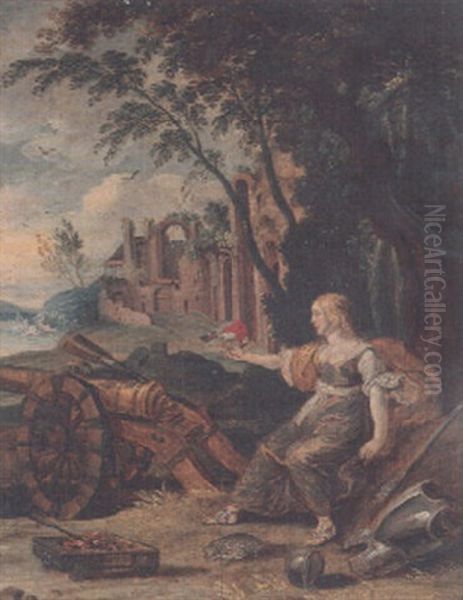 An Allegory Of Touch - A Parrot Pecking A Woman's Finger In A Landscape Oil Painting by Hans Jordaens III