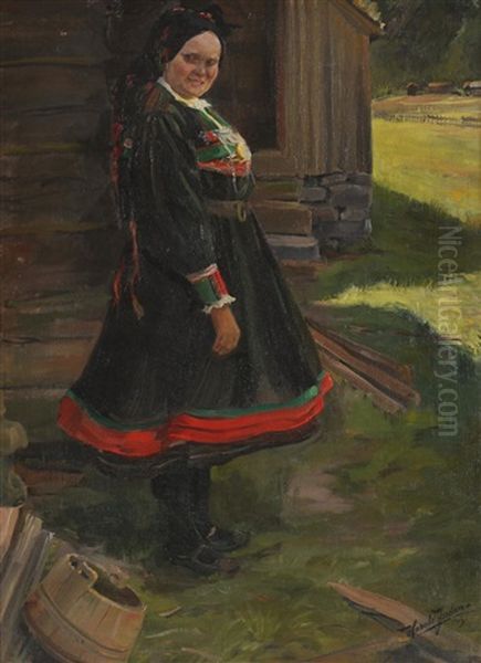 Kvinne I Setesdalbunad Oil Painting by Harald Jordan