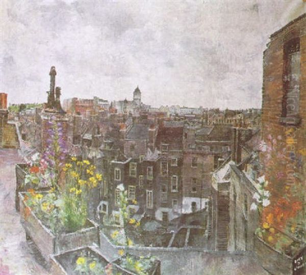 City Of London Skies And Flowers (roofs Of High Holborn) Oil Painting by Lily Delissa Joseph