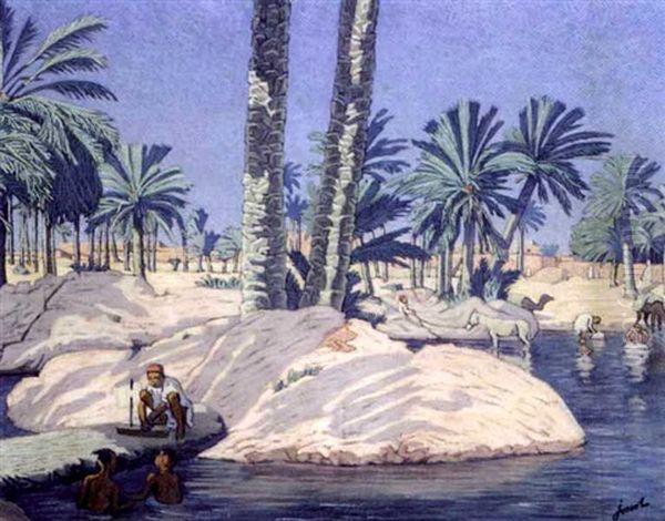 Detente Au Bord De L'oued Oil Painting by Henri Gustave Jossot