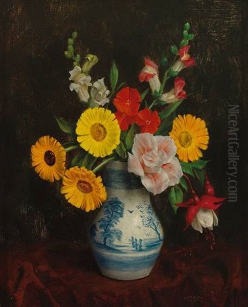 Buntes Blutenstilleben In Birnkrug, Sonnig Beleuchtet Vor Dunklem Hintergrund Oil Painting by Josef Jost