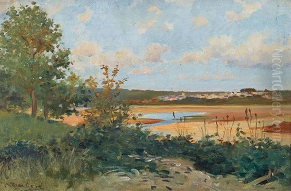 Flussuferpartie Mit Stadt Oil Painting by Leon Joubert