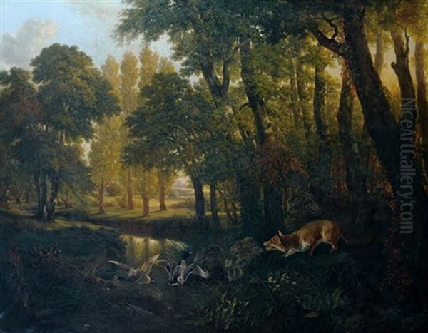 Colverts Surpris Par Un Renard Oil Painting by Saintin Francois Jozan