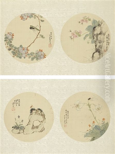Insects And Flowers (4 Works) Oil Painting by Ju Lian
