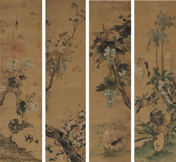 Flowers, Insects And Fish (4 Panels) Oil Painting by Ju Lian