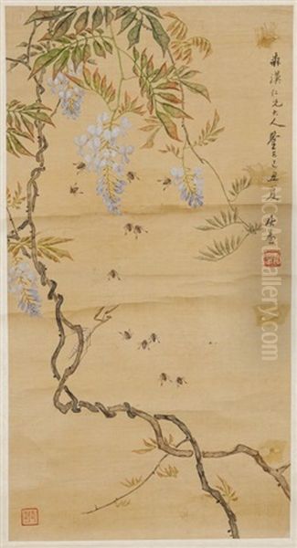 Ju Lian (1828-1904) Bees And Flower Oil Painting by Ju Lian