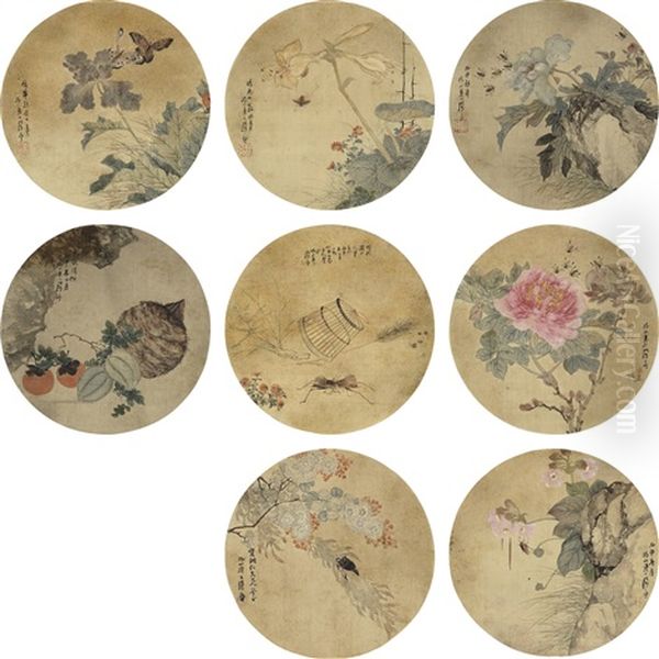Ju Lian Album Of Flower And Bird Paintings On Circular Fan Leaves Oil Painting by Ju Lian