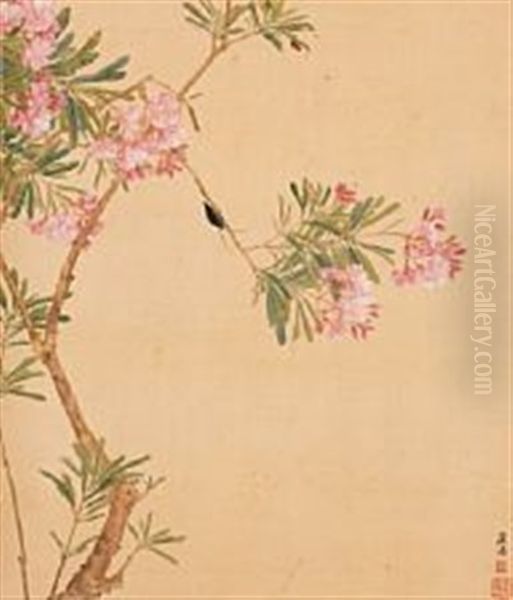 Chinese Scroll Decorated In Colours With Oleander And Two Beetles Oil Painting by Ju Lian