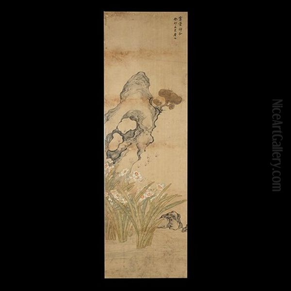 Narcissus And Lingzhi Hanging Scroll Oil Painting by Ju Lian