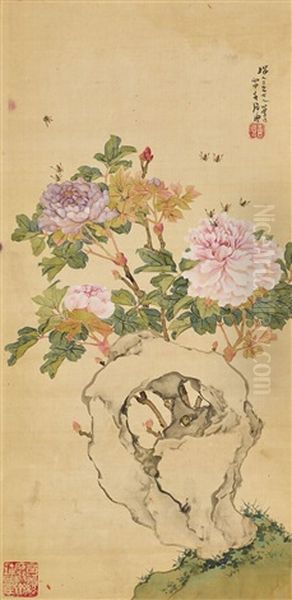 Peony And Bees Oil Painting by Ju Lian