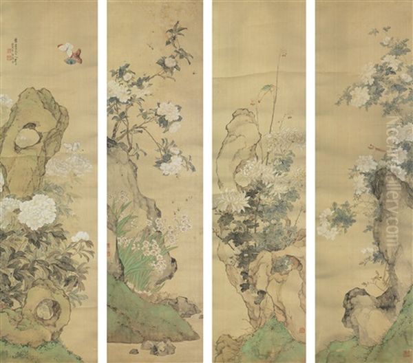 Flowers And Insects Of The Four Seasons (4 Works) Oil Painting by Ju Lian