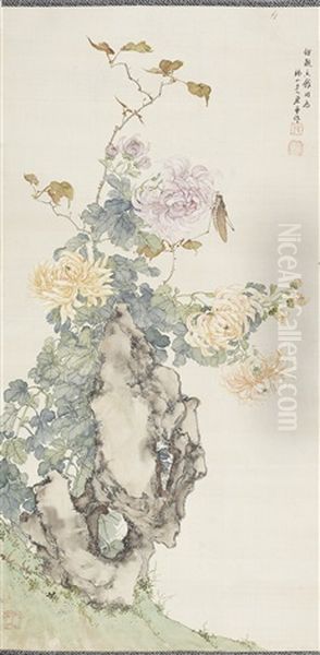 A Scroll Painting Of Chrysanthemums Oil Painting by Ju Lian