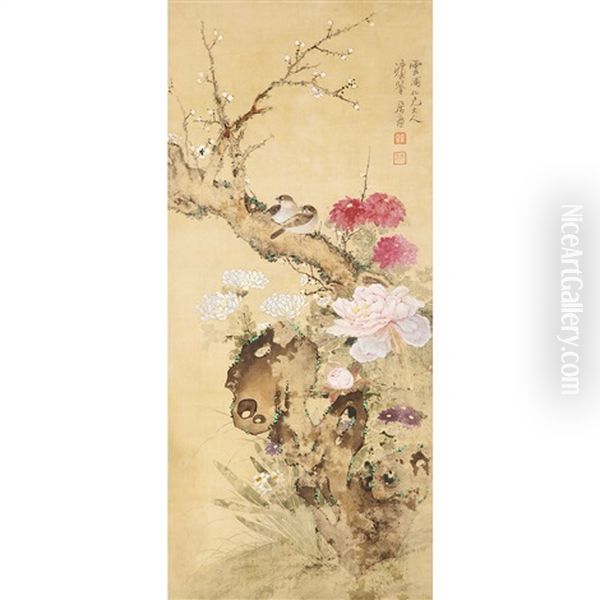 Birds And Flowers Oil Painting by Ju Lian