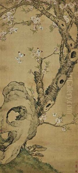 Peach Blossoms And Butterflies Oil Painting by Ju Lian