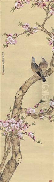 Turtledoves And Peach Blossoms Oil Painting by Ju Lian