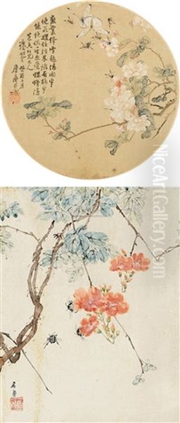 Flower And Bee (+ Bee And Butterflies; Set Of 2) Oil Painting by Ju Lian