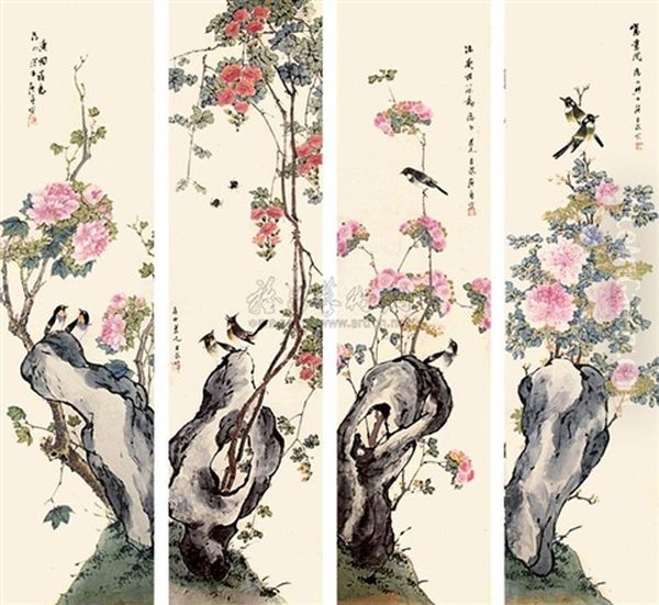 Flowers And Birds (4 Works) Oil Painting by Ju Lian